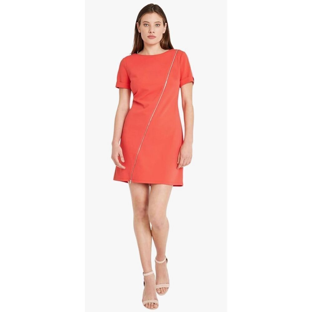 Donna Morgan Women's Short Sleeve Scuba Crepe Dress with Zipper Detail -6